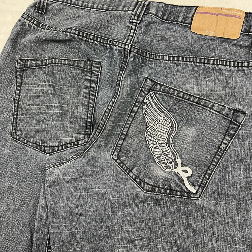 Rocawear Jeans Mens 36 Black Baggy Wing Embroidered Distressed Y2K Streetwear